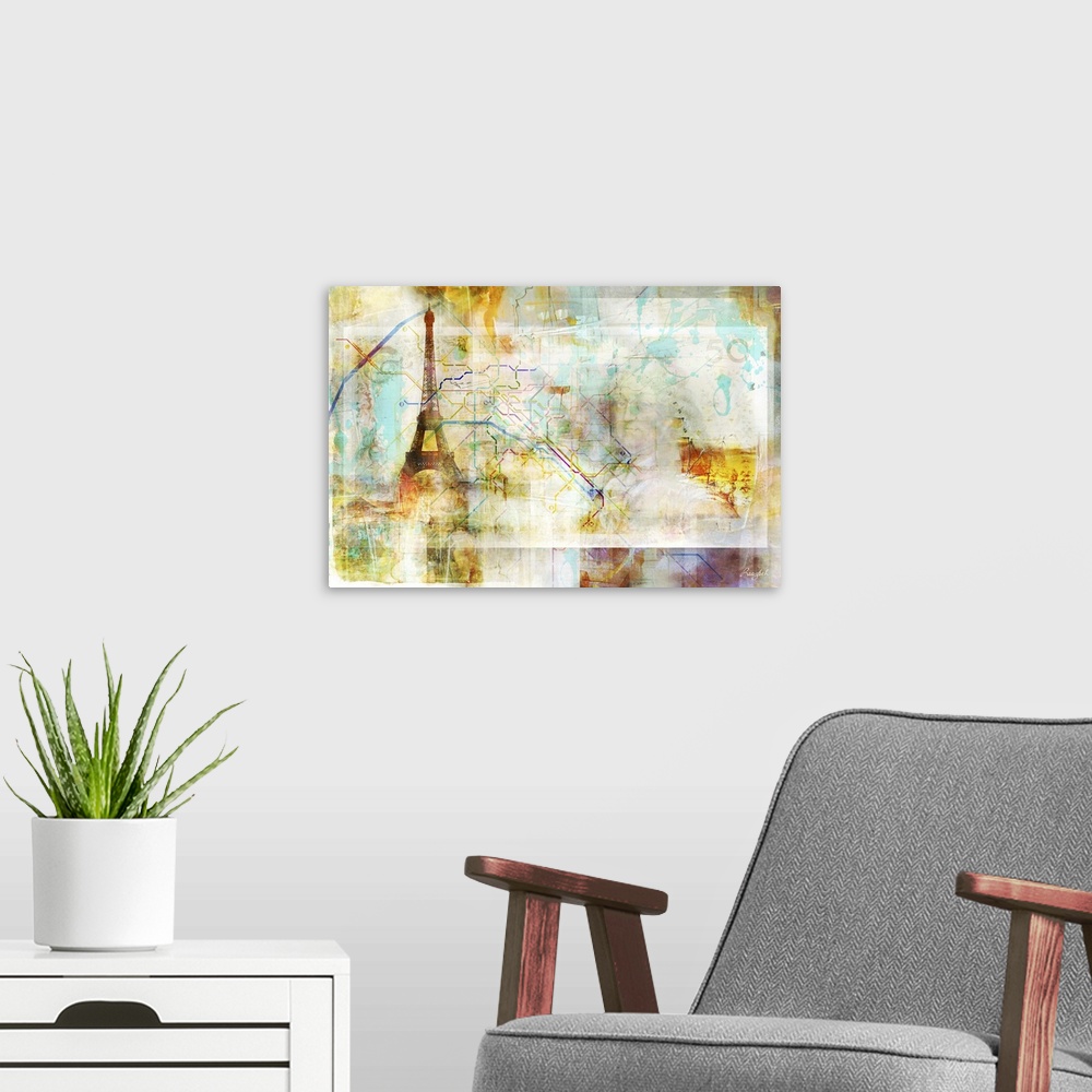 A modern room featuring This contemporary colorful artwork of the Eiffel tower and Paris map bring vibrancy to any room.