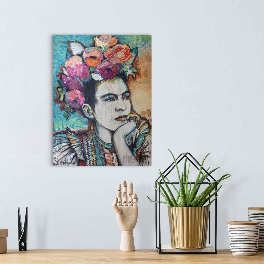 A bohemian room featuring Frida Kahlo contemplating with side glance and floral headpiece in mixed media.