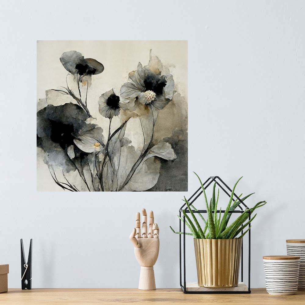 A bohemian room featuring Gray and soft gold water color style abstract flowers