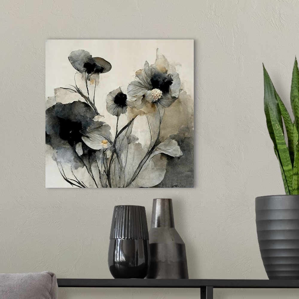 A modern room featuring Gray and soft gold water color style abstract flowers