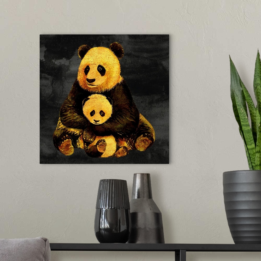 A modern room featuring Fluffy mama panda holding baby panda as the night falls. Sichuan Province rainforest, China.