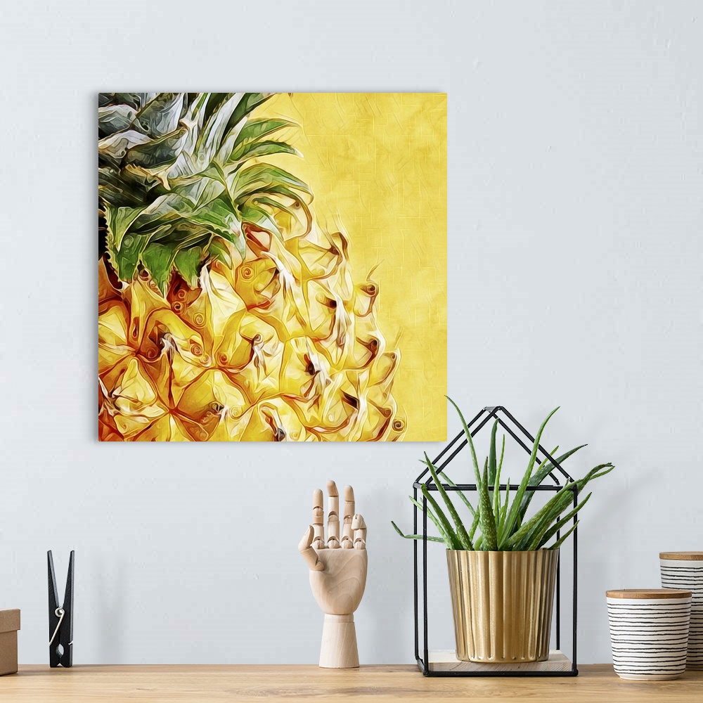 A bohemian room featuring Digital fine art print of a golden pineapple, up-close.