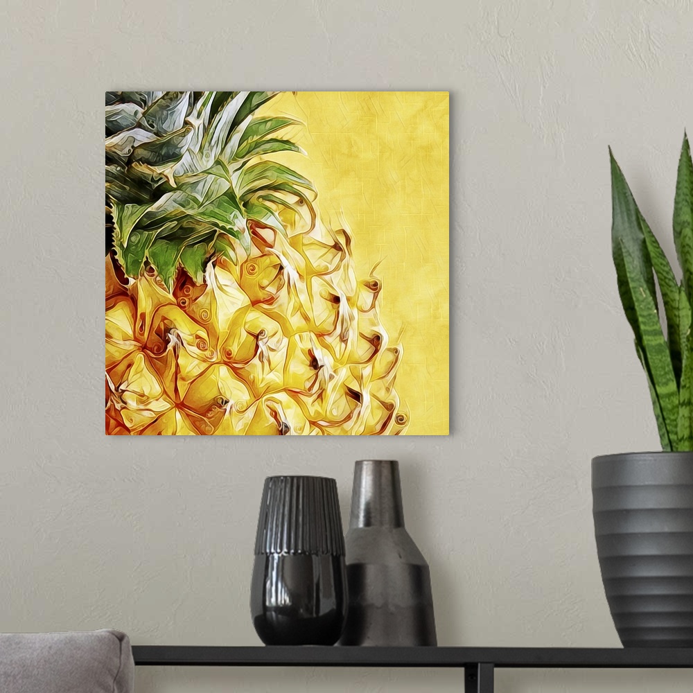 A modern room featuring Digital fine art print of a golden pineapple, up-close.