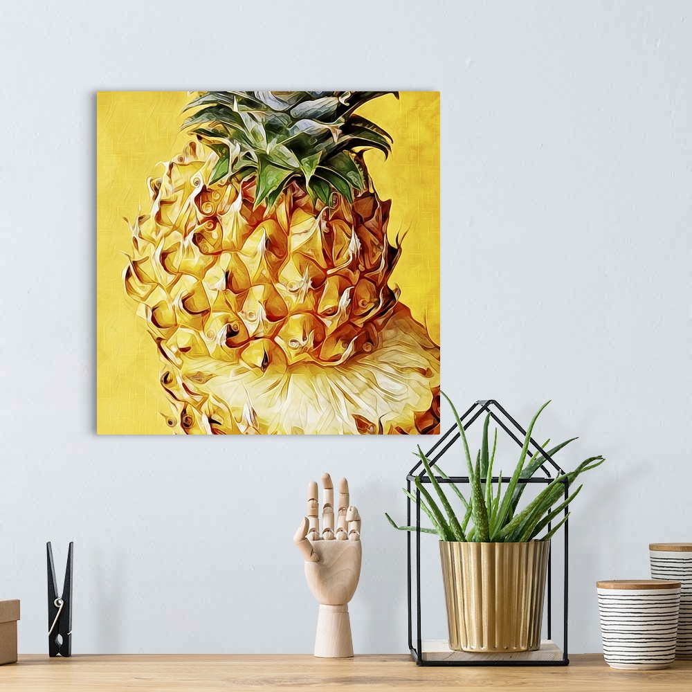 A bohemian room featuring Digital fine art print of a golden pineapple, cut in half with the top piece sitting slightly off...