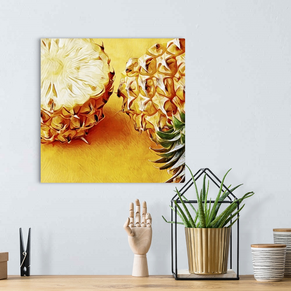 A bohemian room featuring Digital fine art print of a golden pineapple, cut in half, top and bottom placed side by side.