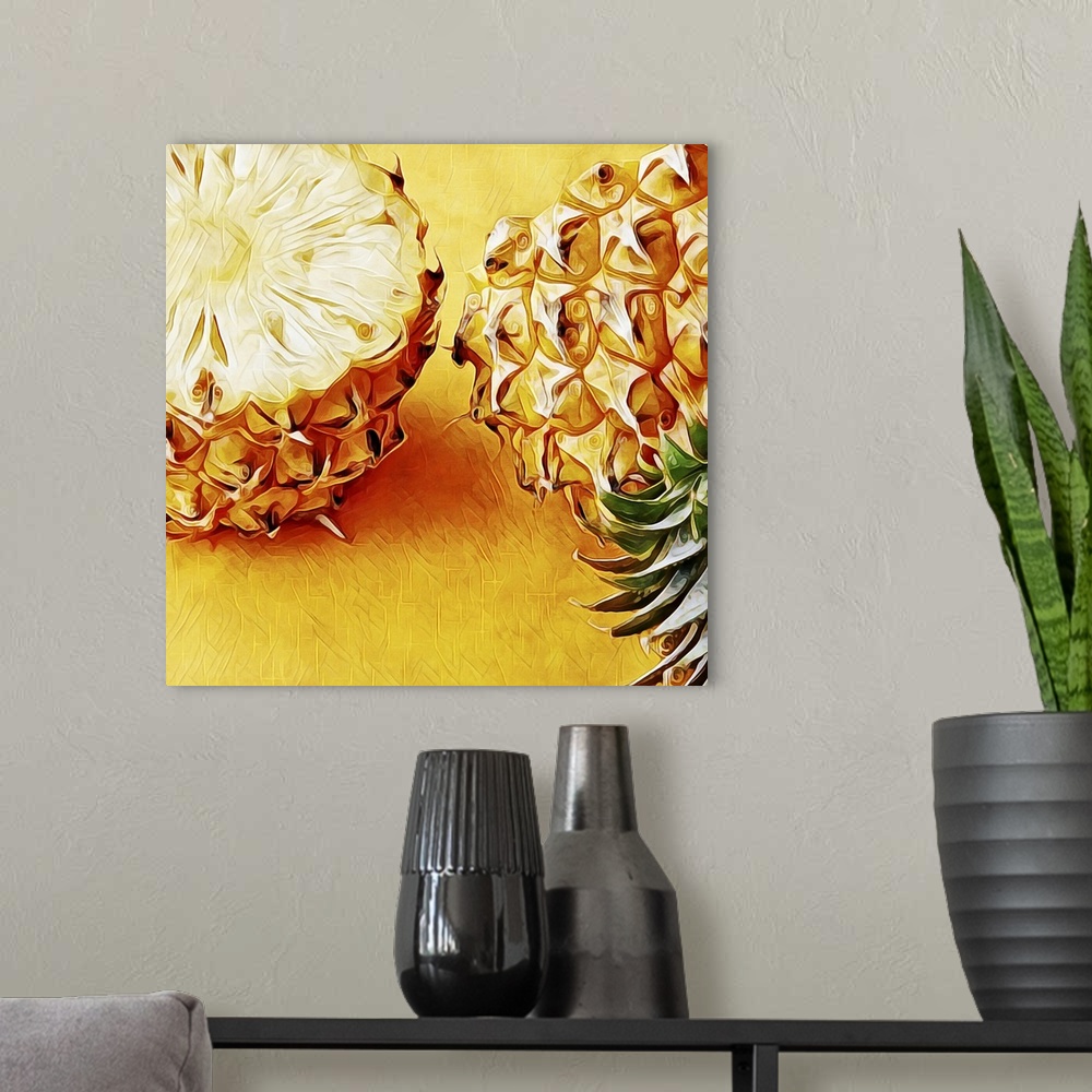 A modern room featuring Digital fine art print of a golden pineapple, cut in half, top and bottom placed side by side.