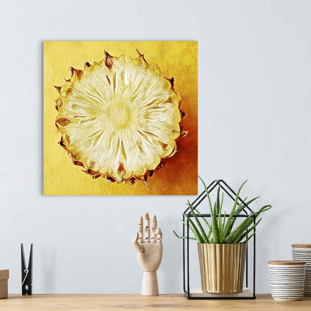 A bohemian room featuring Digital fine art print of a golden pineapple, cut in half, bottom only.