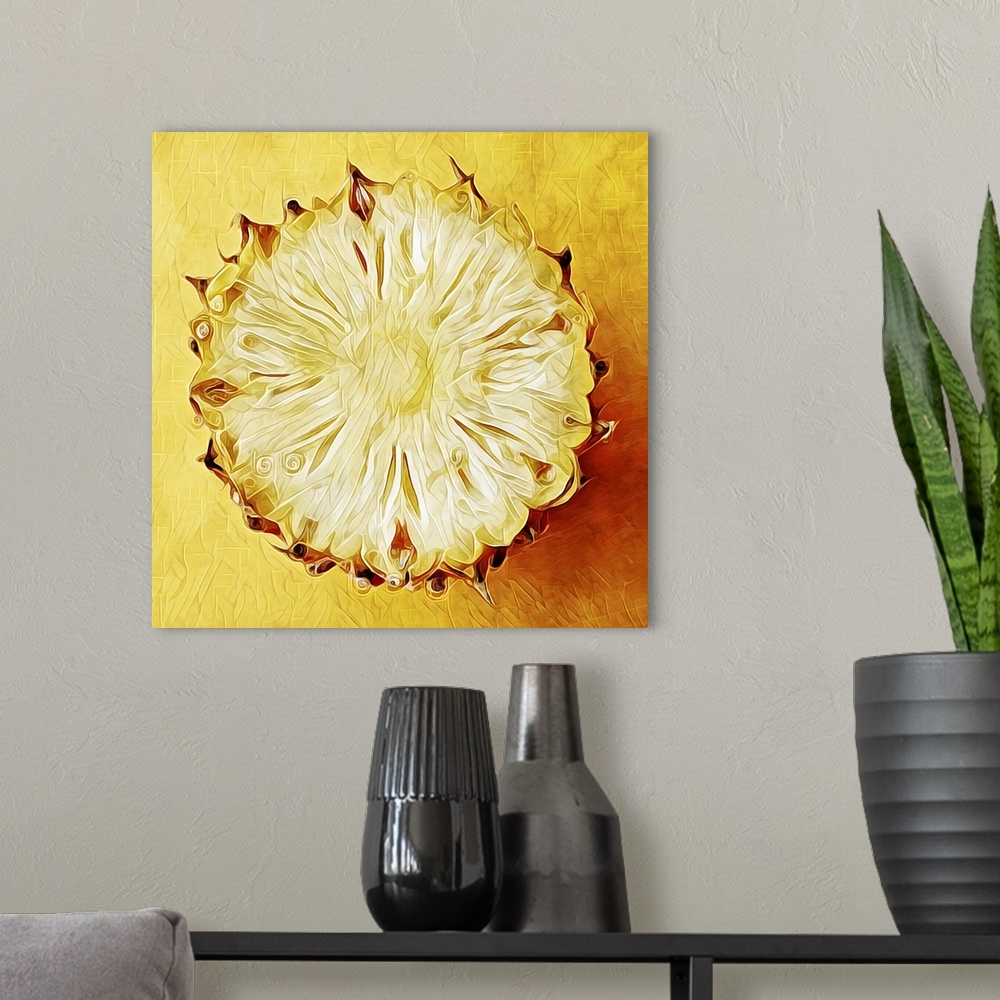 A modern room featuring Digital fine art print of a golden pineapple, cut in half, bottom only.