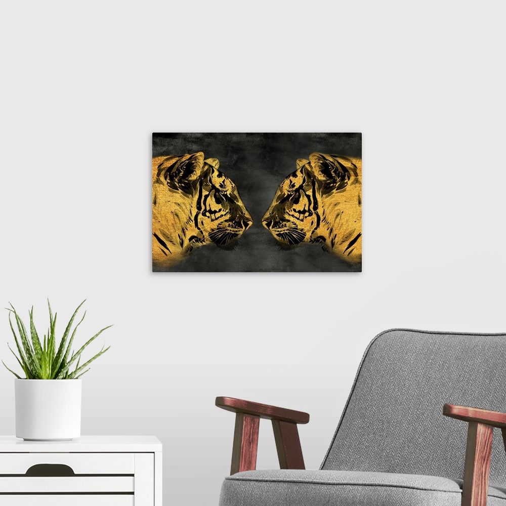 A modern room featuring As the nigth falls two tigers are getting ready to hunt in the Himalayan Mountains. The Himalayas...