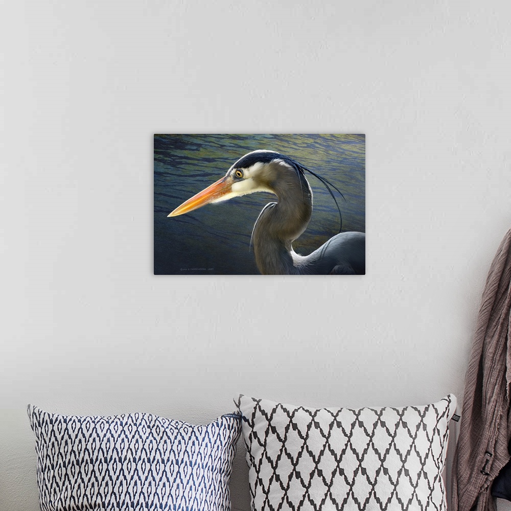 A bohemian room featuring Contemporary artwork of a portrait of a heron.