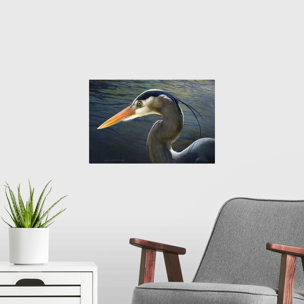 A modern room featuring Contemporary artwork of a portrait of a heron.