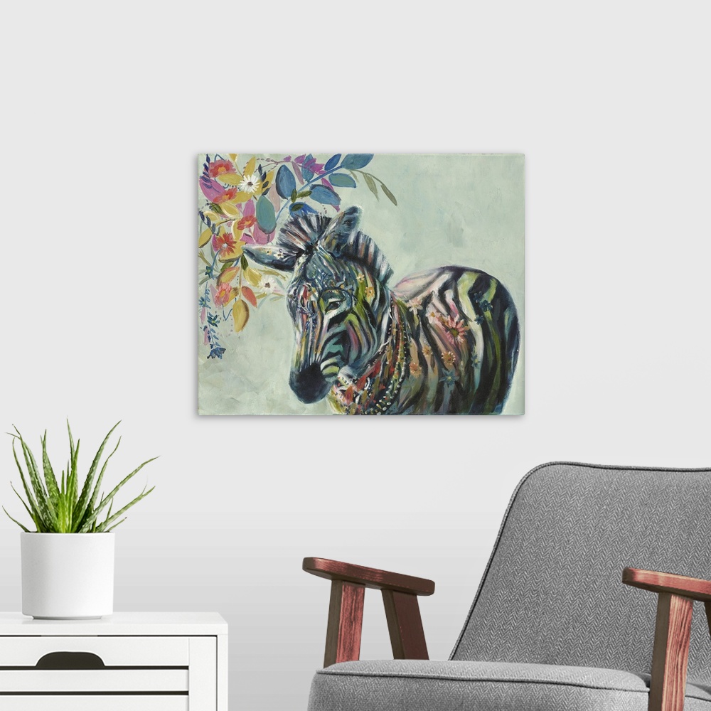 A modern room featuring Gretchen Wood original artwork. Colorful global style paintings.