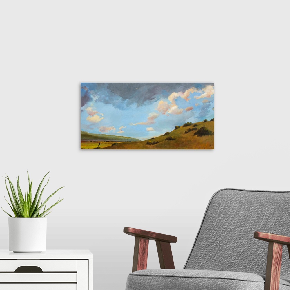 A modern room featuring Contemporary painting of an idyllic desert landscape.
