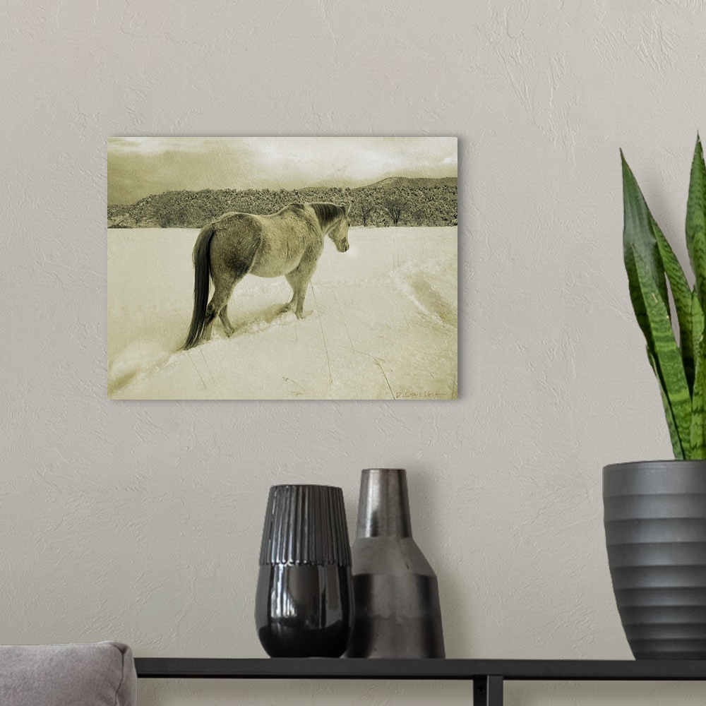 A modern room featuring Contemporary artwork of a lone white horse traipsing through cold wintry snow.