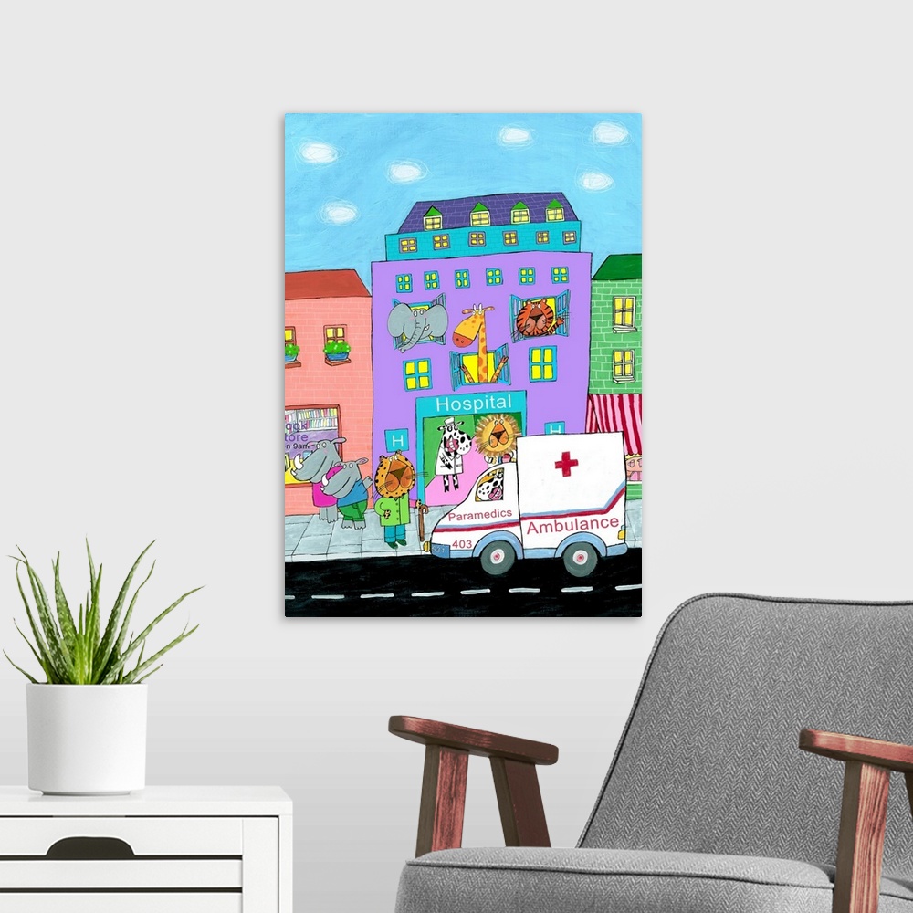 A modern room featuring Illustrated wall art of hospital. Created by illustrator Carla Daly.