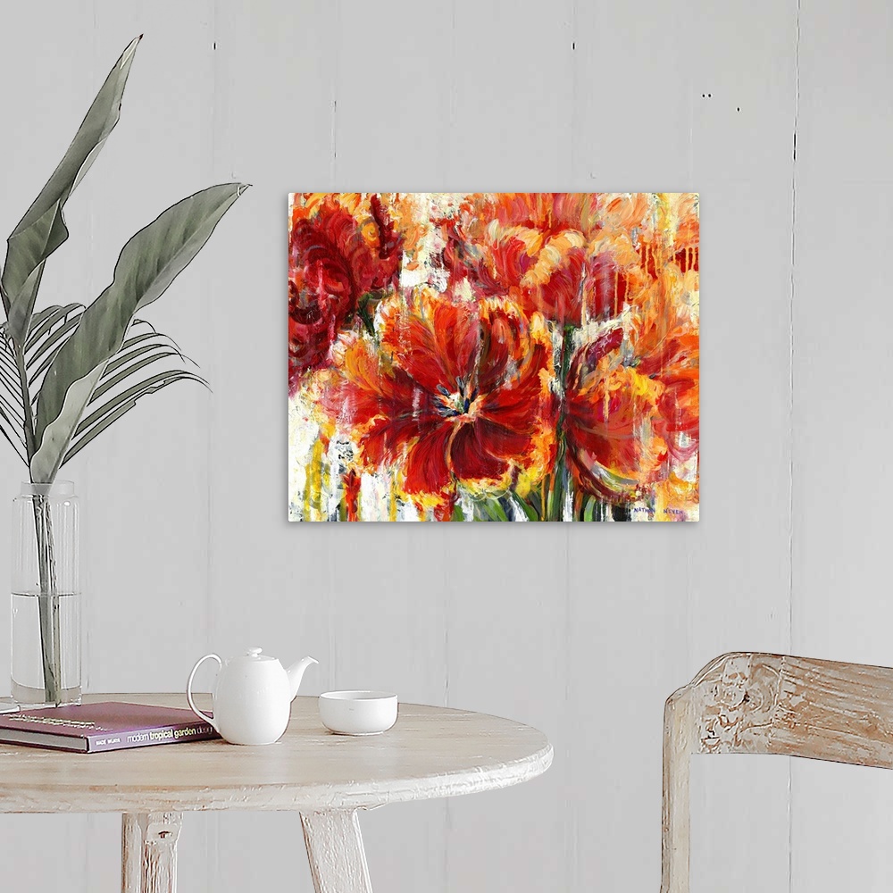 A farmhouse room featuring Contemporary artwork of fiery red and yellow flowers.