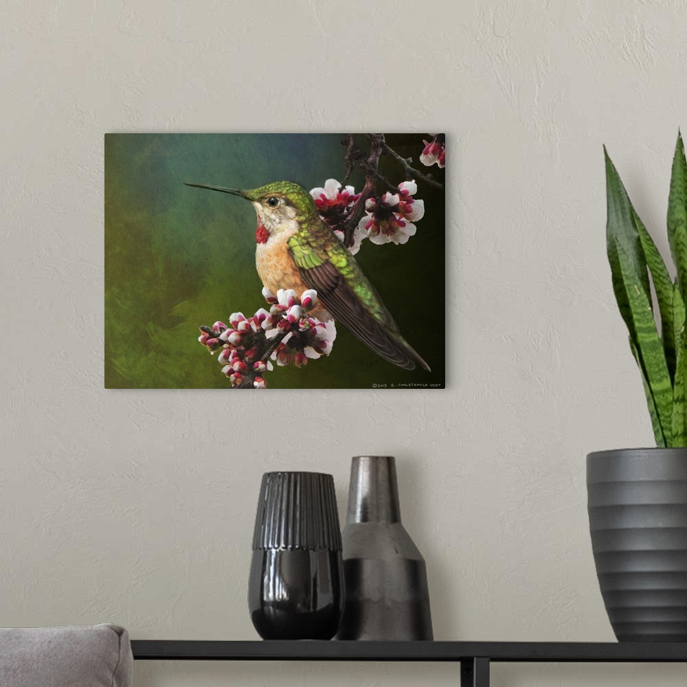 A modern room featuring Contemporary artwork of a hummingbird perched on a tree branch.