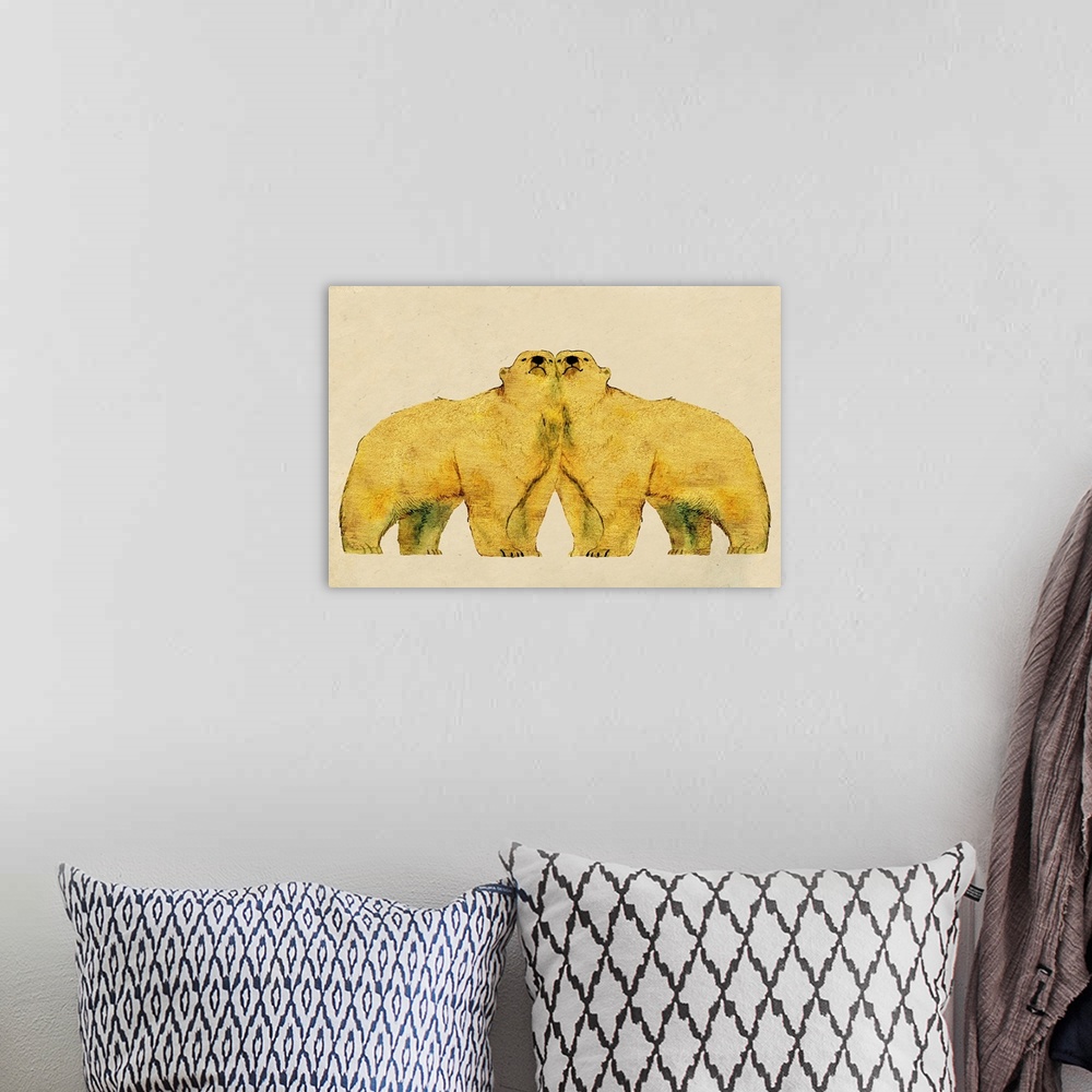 A bohemian room featuring Sunrise in the North Pole, two polar bears in love enjoying the Spring time warmth.
