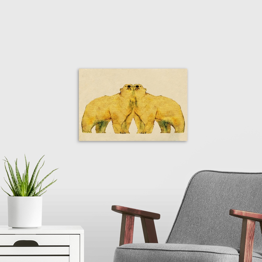 A modern room featuring Sunrise in the North Pole, two polar bears in love enjoying the Spring time warmth.