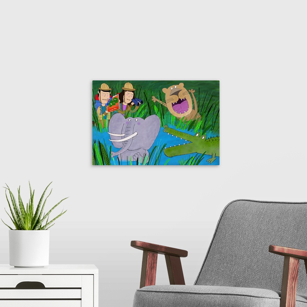 A modern room featuring Animal in the swamp as jungle explorers look on. Illustrated by children's artist Carla Daly.