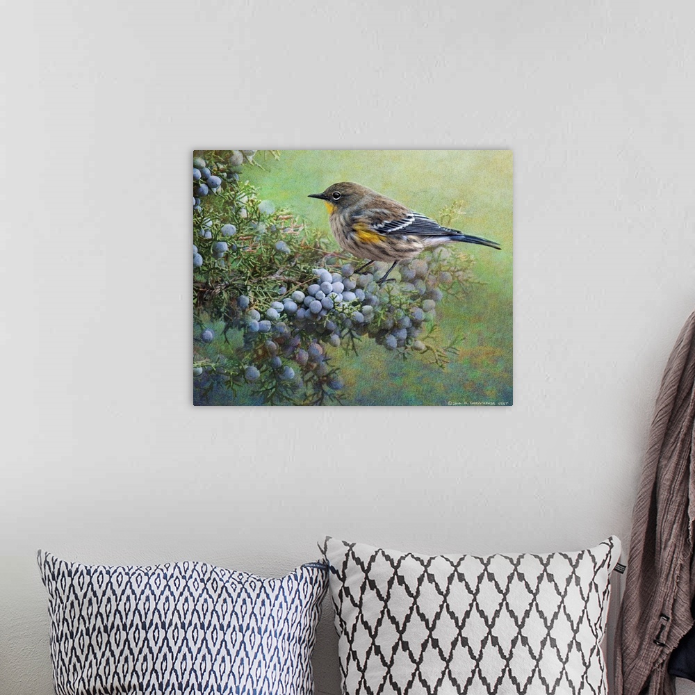 A bohemian room featuring Contemporary artwork of a warbler perched on a branch with berries.