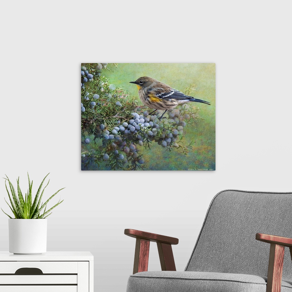 A modern room featuring Contemporary artwork of a warbler perched on a branch with berries.