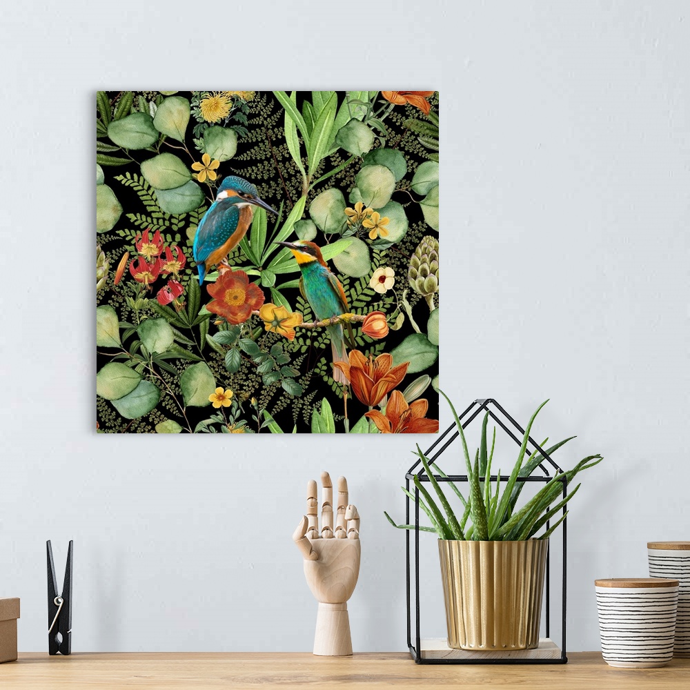 A bohemian room featuring Mixed media art kingfisher bird surrounded by lush vegetation and flowers.