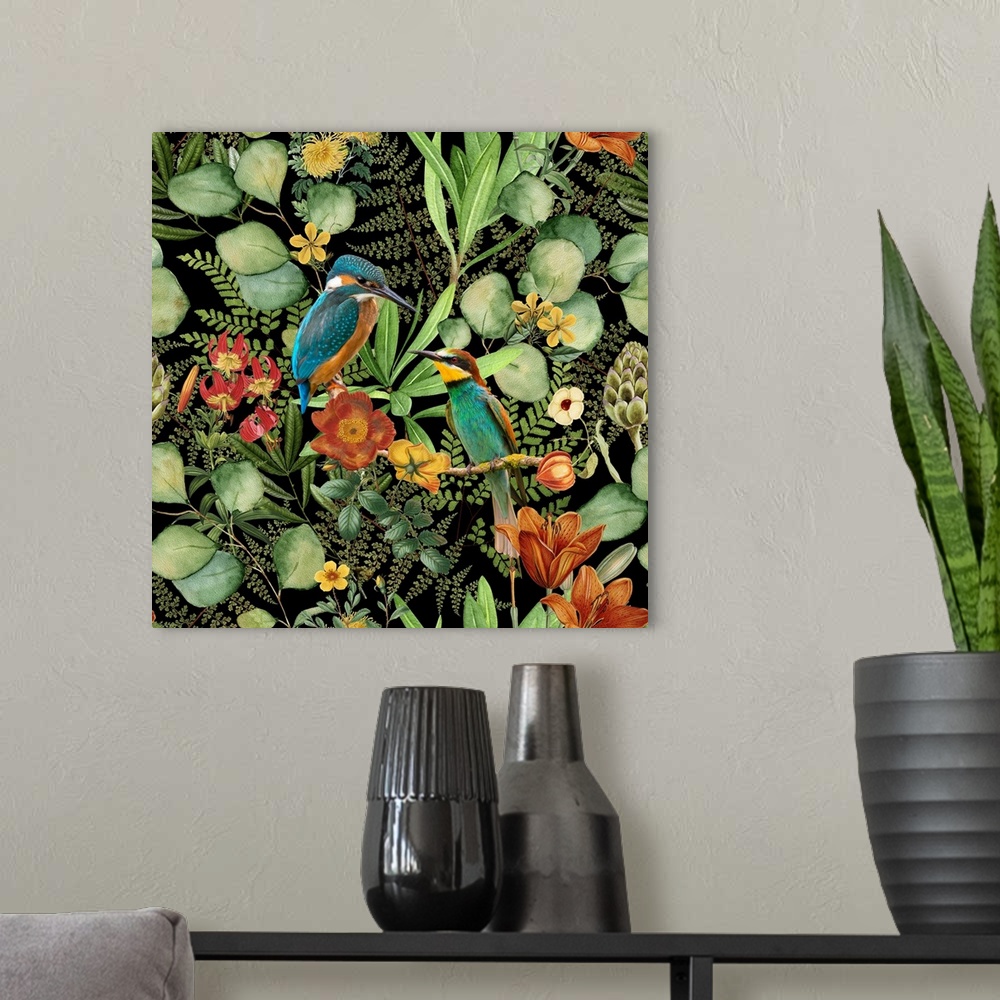 A modern room featuring Mixed media art kingfisher bird surrounded by lush vegetation and flowers.
