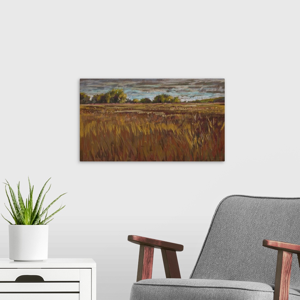 A modern room featuring Pastel landscape painting of pastoral countryside with trees, fields and clouds.