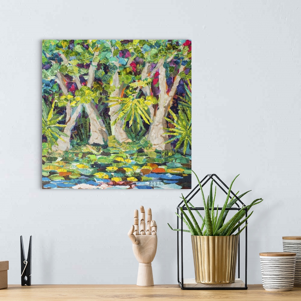 A bohemian room featuring Bright contemporary art of tropical trees along the Wekiva River in Florida, with colorful leaves...