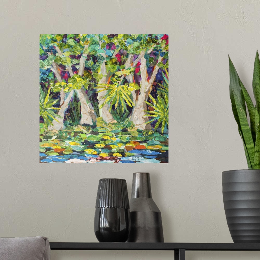 A modern room featuring Bright contemporary art of tropical trees along the Wekiva River in Florida, with colorful leaves...