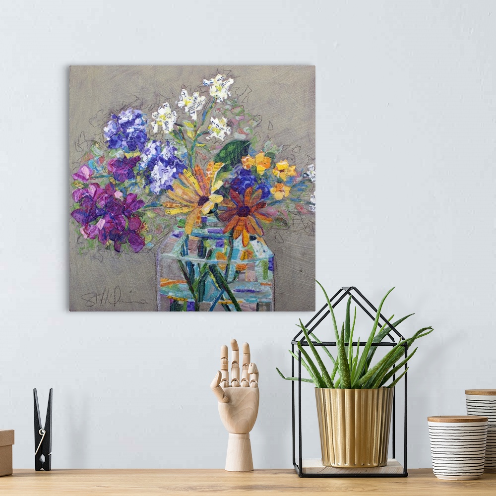 A bohemian room featuring Colorful wildflowers in a glass jar on a neutral background, created with mixed media collage of ...