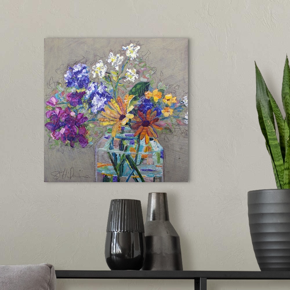 A modern room featuring Colorful wildflowers in a glass jar on a neutral background, created with mixed media collage of ...