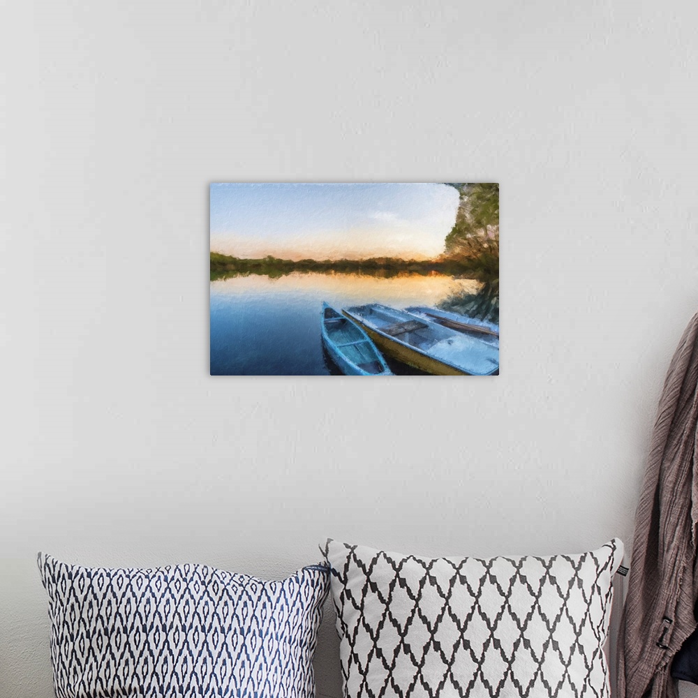 A bohemian room featuring Coastal boats landscape painting.