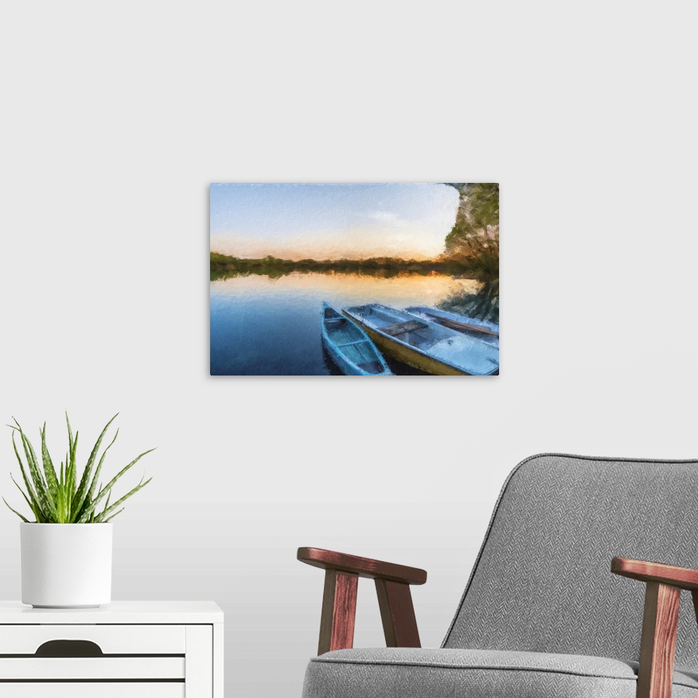 A modern room featuring Coastal boats landscape painting.