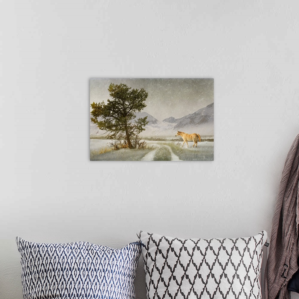A bohemian room featuring Contemporary artwork of a lone horse standing beside a dirt road.