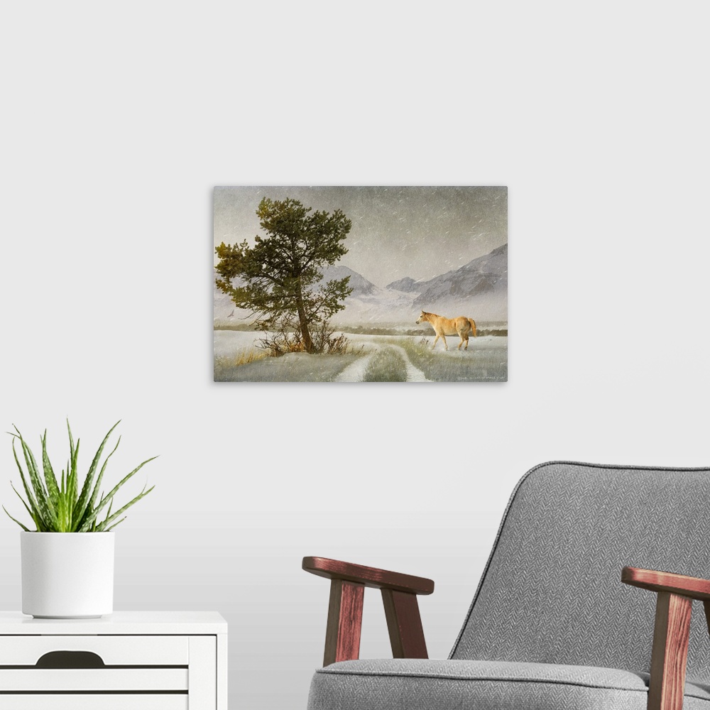 A modern room featuring Contemporary artwork of a lone horse standing beside a dirt road.