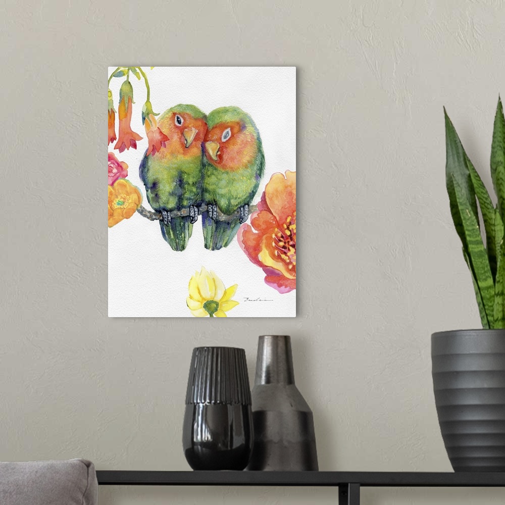 A modern room featuring Adorable painting of two Peach-face lovebirds cuddling together with tropical flowers.