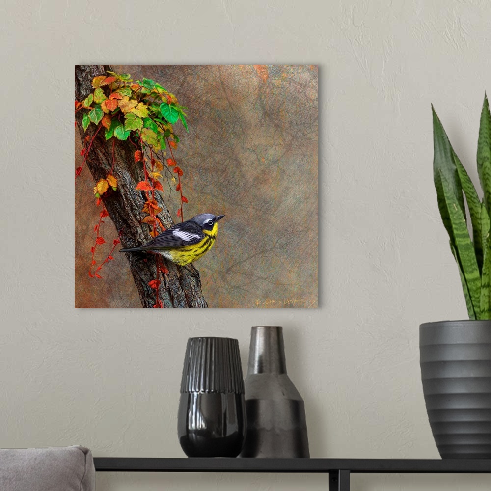 A modern room featuring Contemporary artwork of a magnolia warbler perched on a tree.