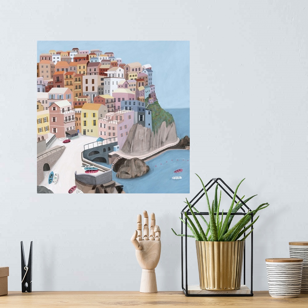 A bohemian room featuring Manarola Italy, italian village by the sea. Illustrated by artist Carla Daly.