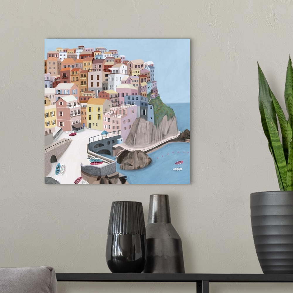 A modern room featuring Manarola Italy, italian village by the sea. Illustrated by artist Carla Daly.