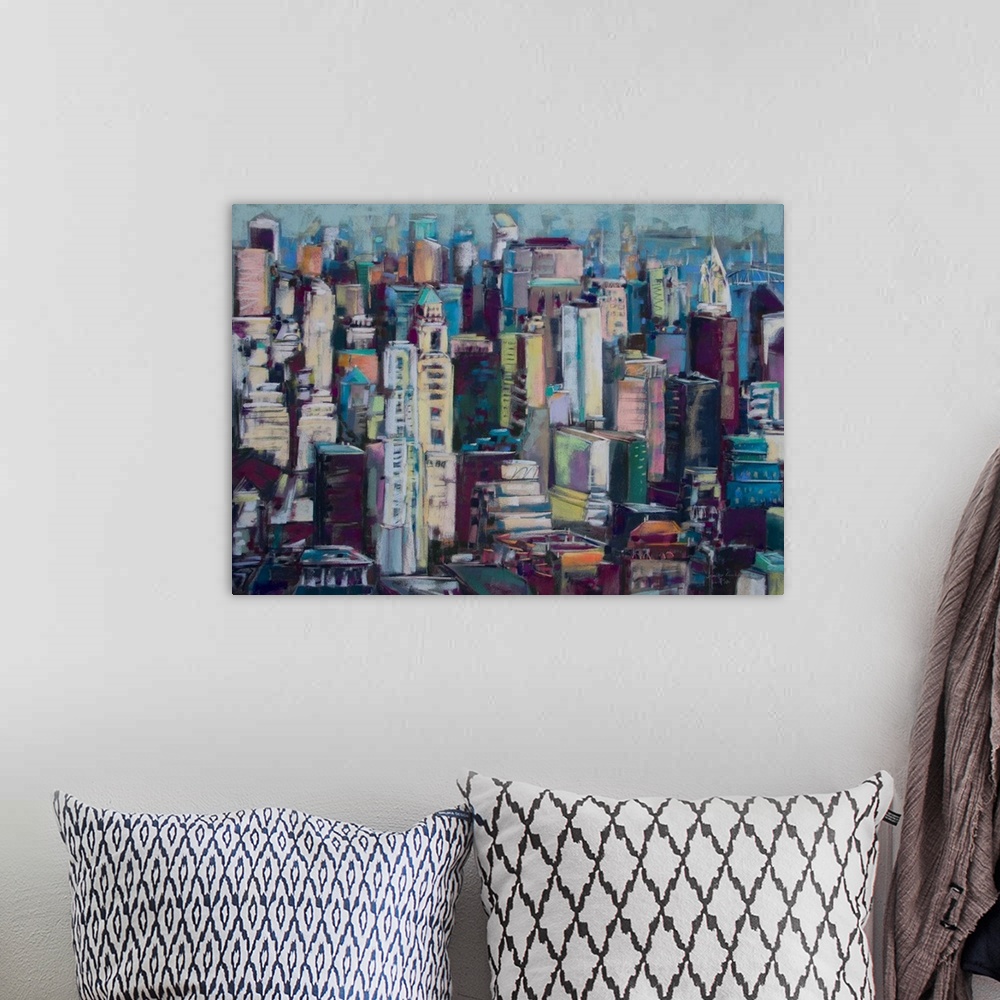 A bohemian room featuring Contemporary artwork of the Manhattan city skyline packed with skyscrapers of varying heights.