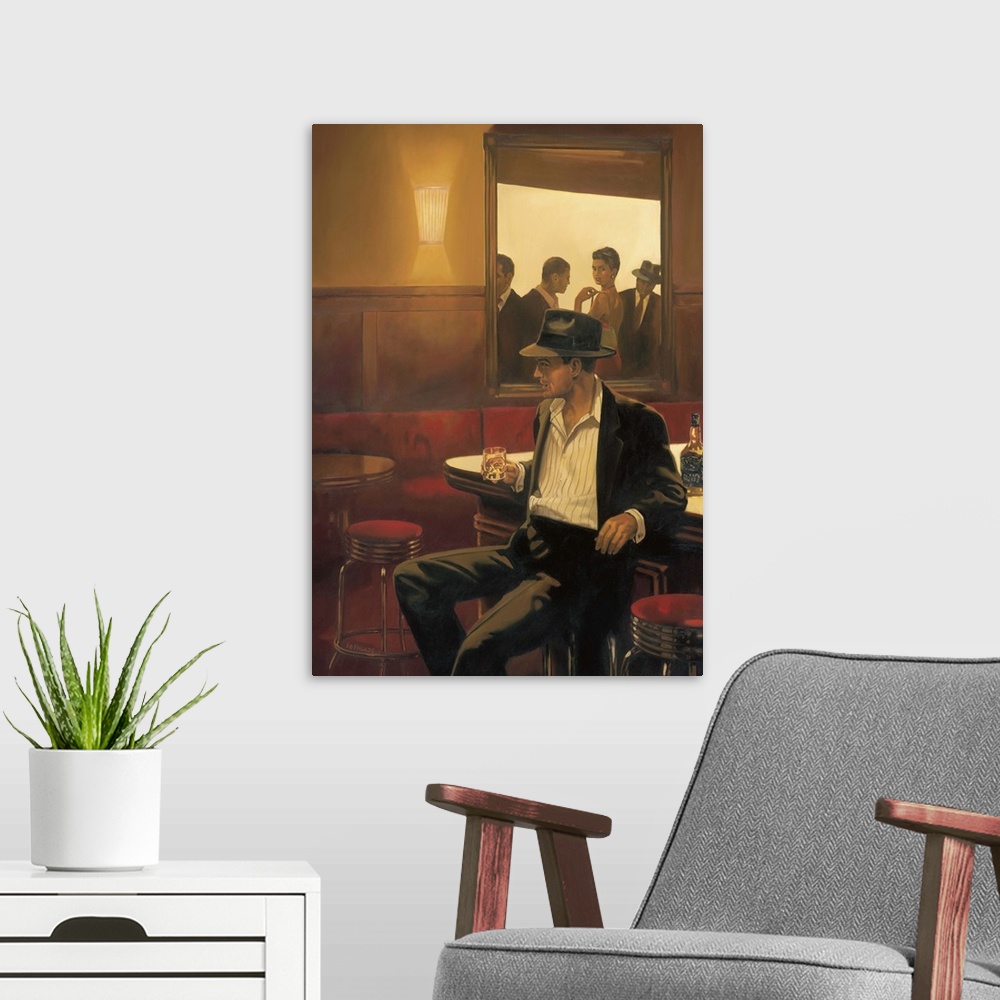A modern room featuring Contemporary painting of a man in a fedora sitting with his back against the bar holding a drink.