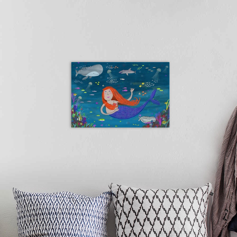 A bohemian room featuring Underwater scene of mermaid, illustrated by illustrator Carla Daly