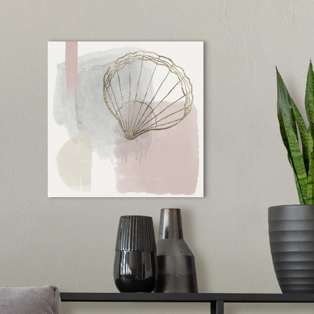 A modern room featuring Watercolor abstract shell print in soft pastel shades of rose gold, pewter silver, blue gray, dus...
