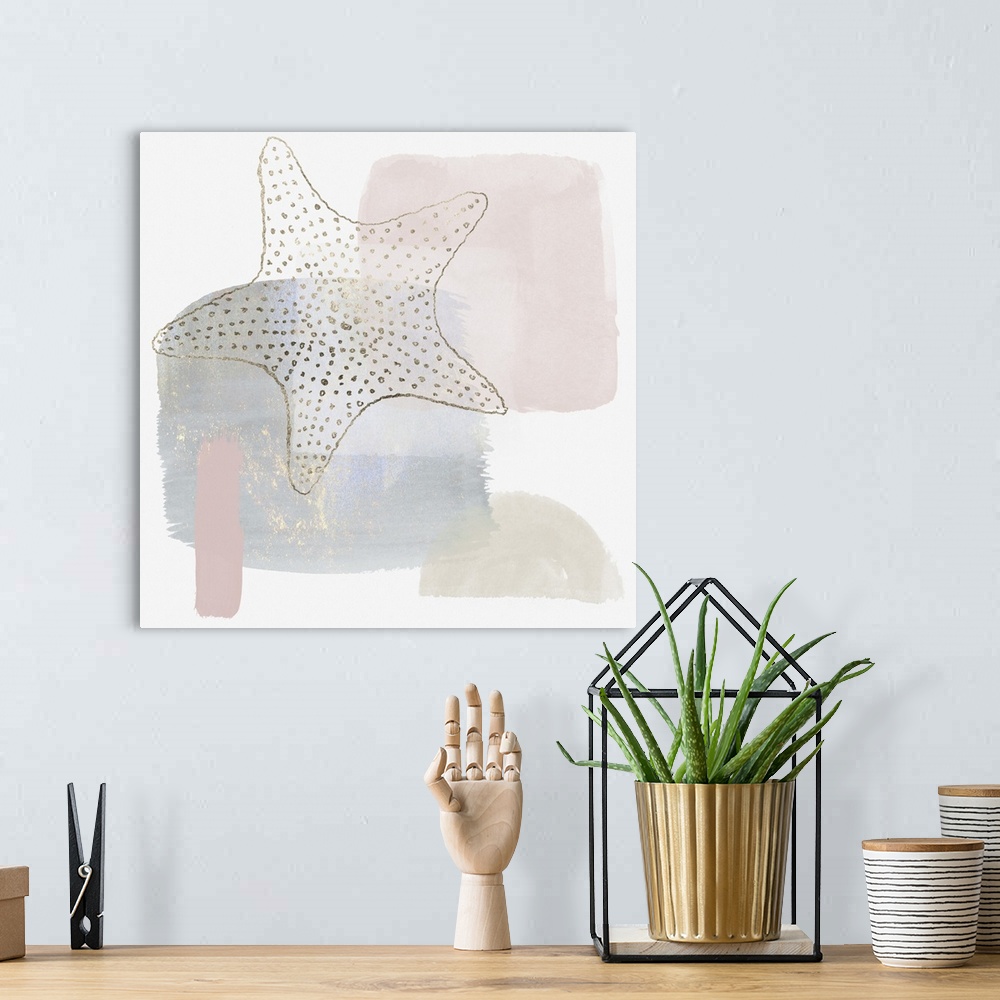A bohemian room featuring Watercolor abstract starfish print in soft pastel shades of rose gold, pewter silver, blue gray, ...