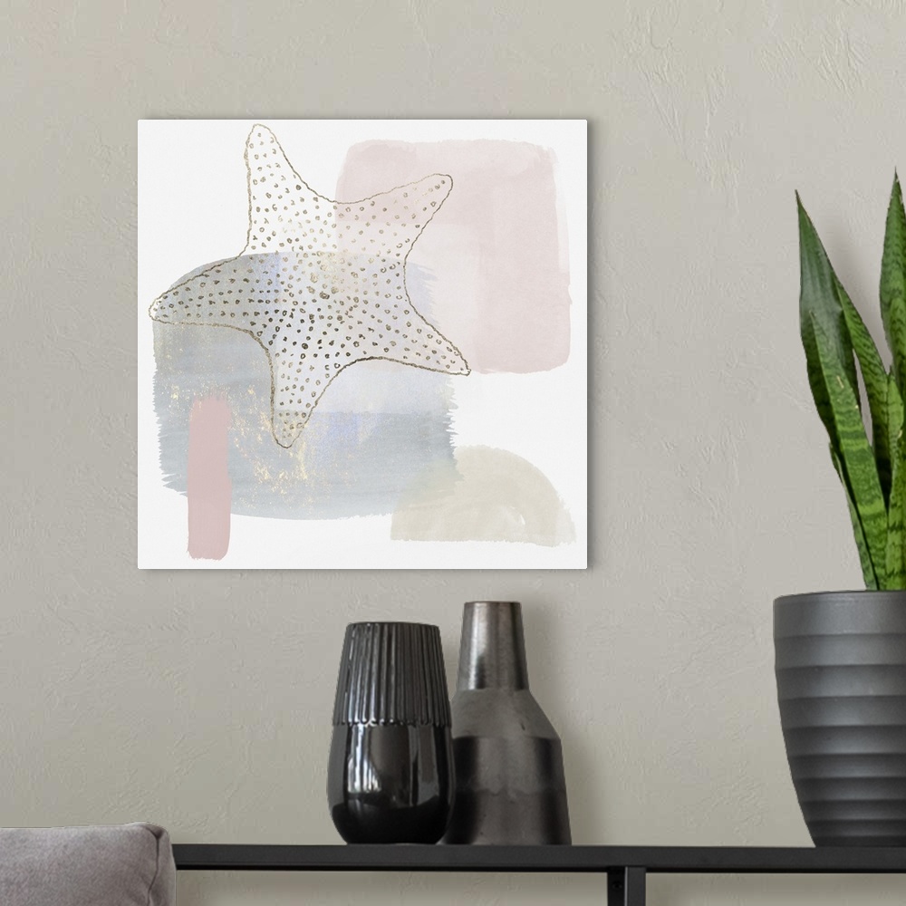A modern room featuring Watercolor abstract starfish print in soft pastel shades of rose gold, pewter silver, blue gray, ...