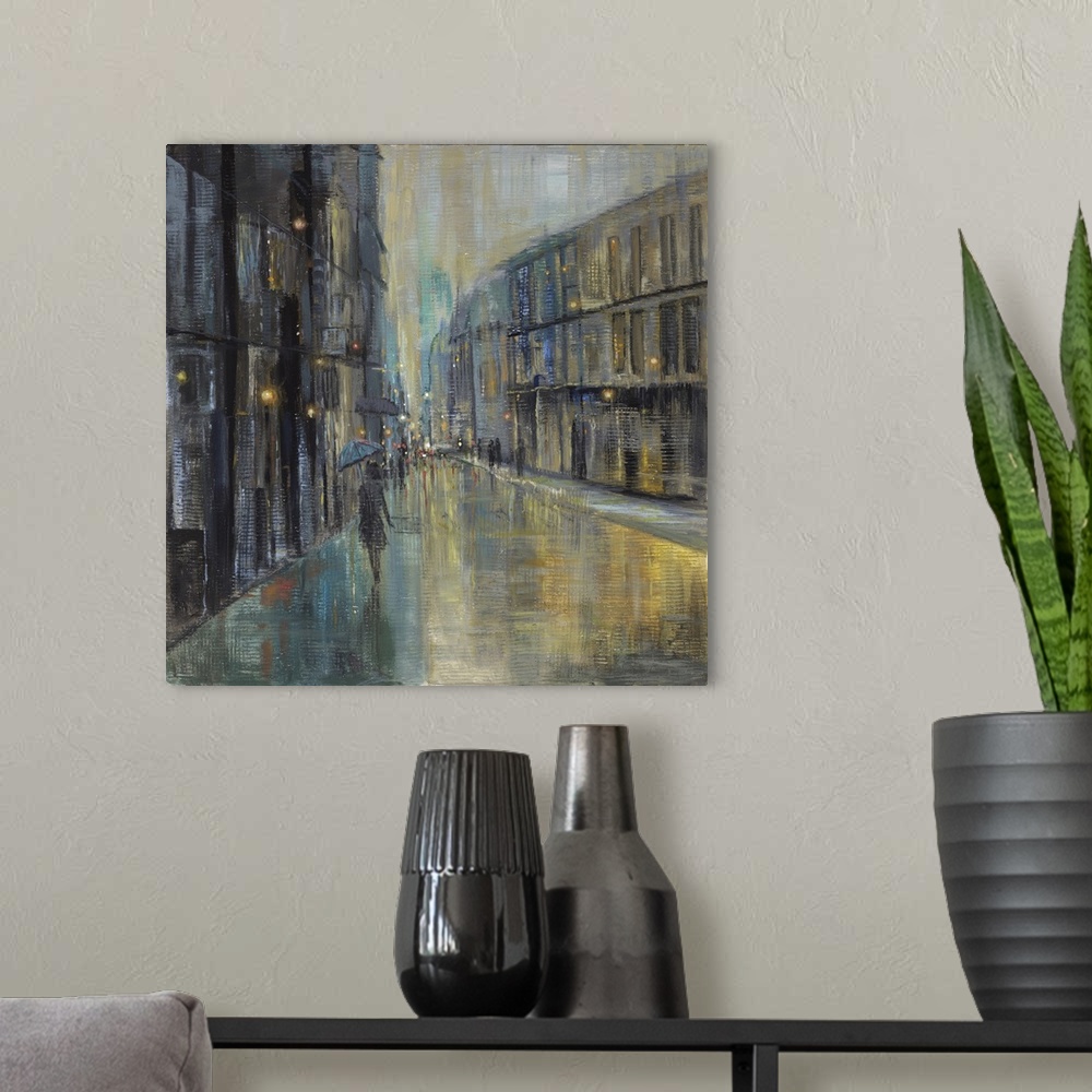 A modern room featuring Contemporary painting of a woman walking in the rain on a quiet city street at night.