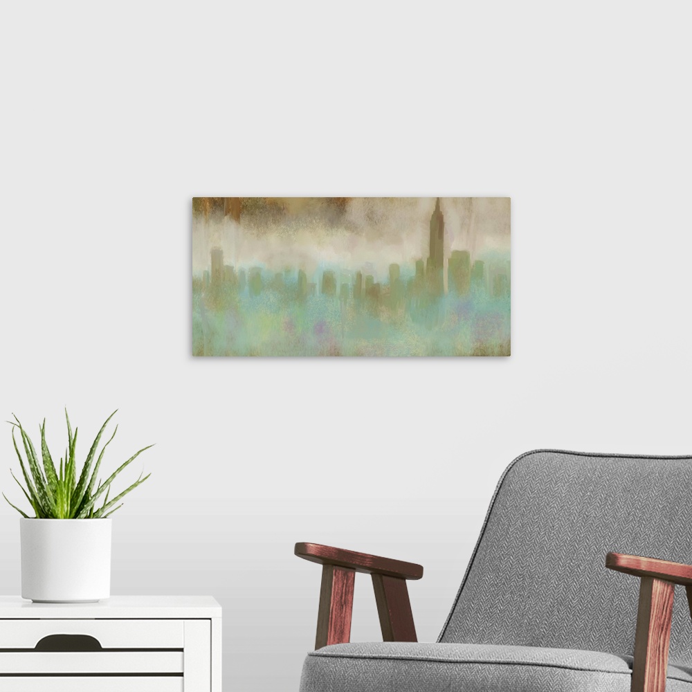 A modern room featuring Contemporary painting of the New York City skyline in a soft blue and beige mist.