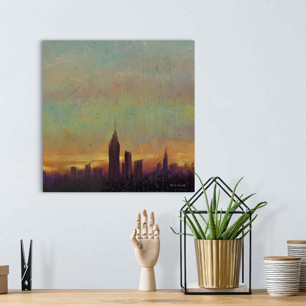A bohemian room featuring Contemporary painting of heavy fog over the New York City skyline in the morning.